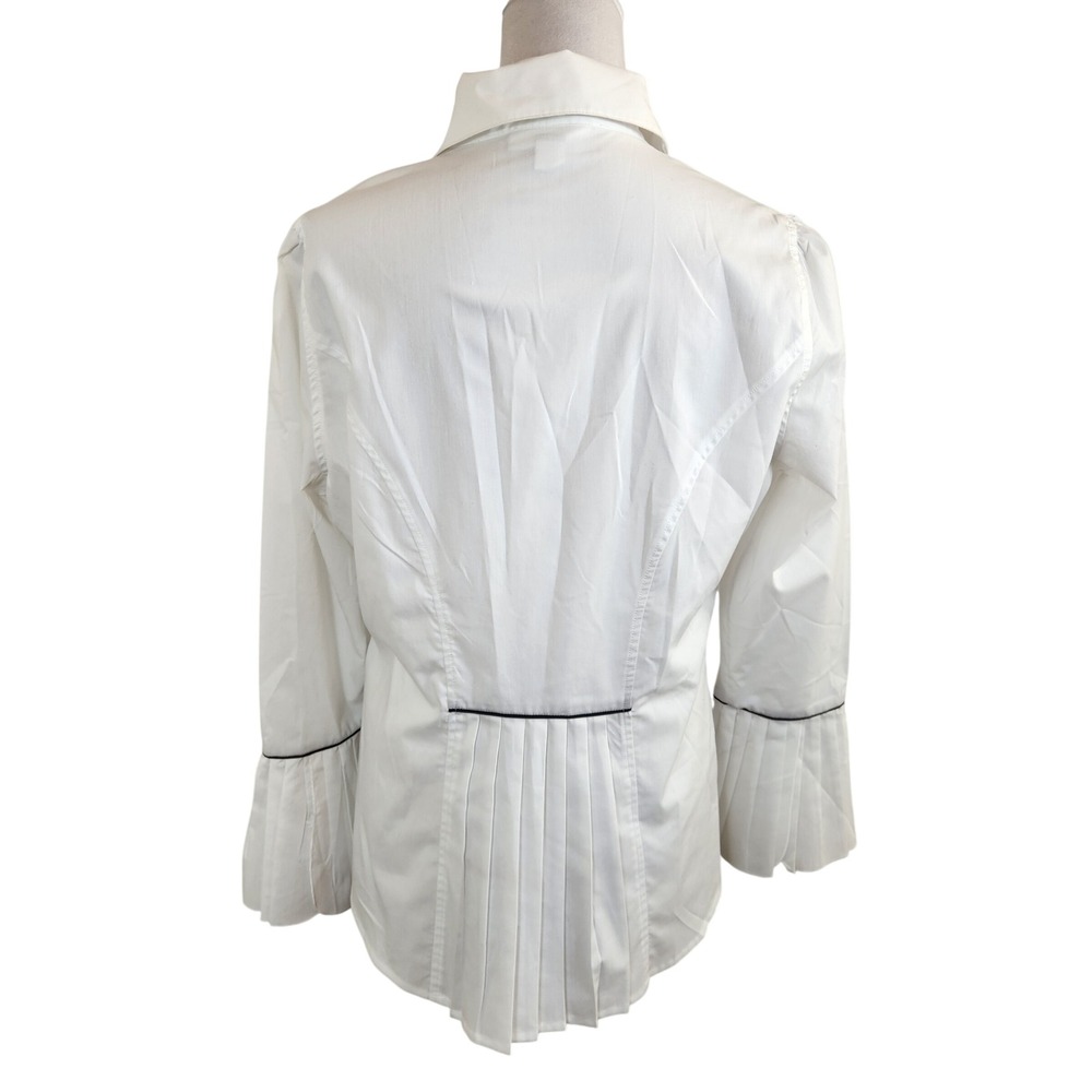 Dress Barn Womens Medium White Black Trim Pleated Bell Sleeve Button Down Shirt - Picture 3 of 10